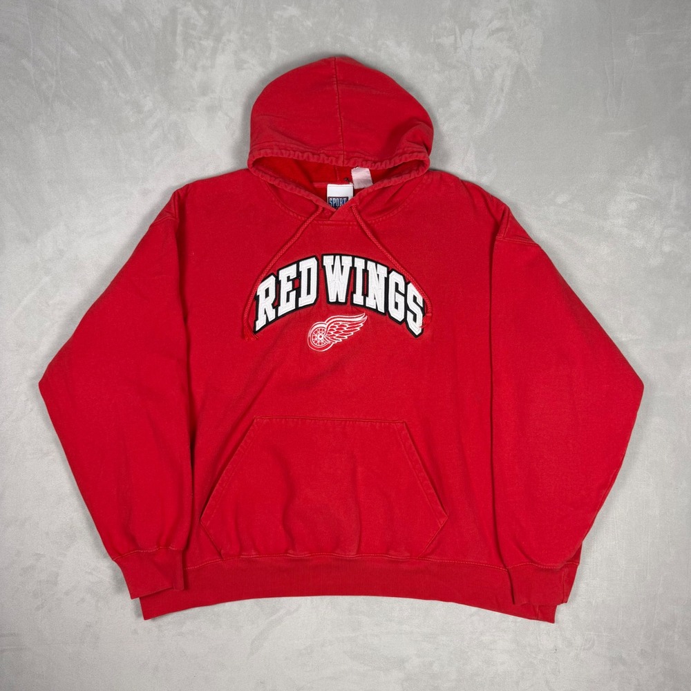 90s Mens Sport Attack Detroit Red Wings Embroidered Hoodie Streetwear 2XL